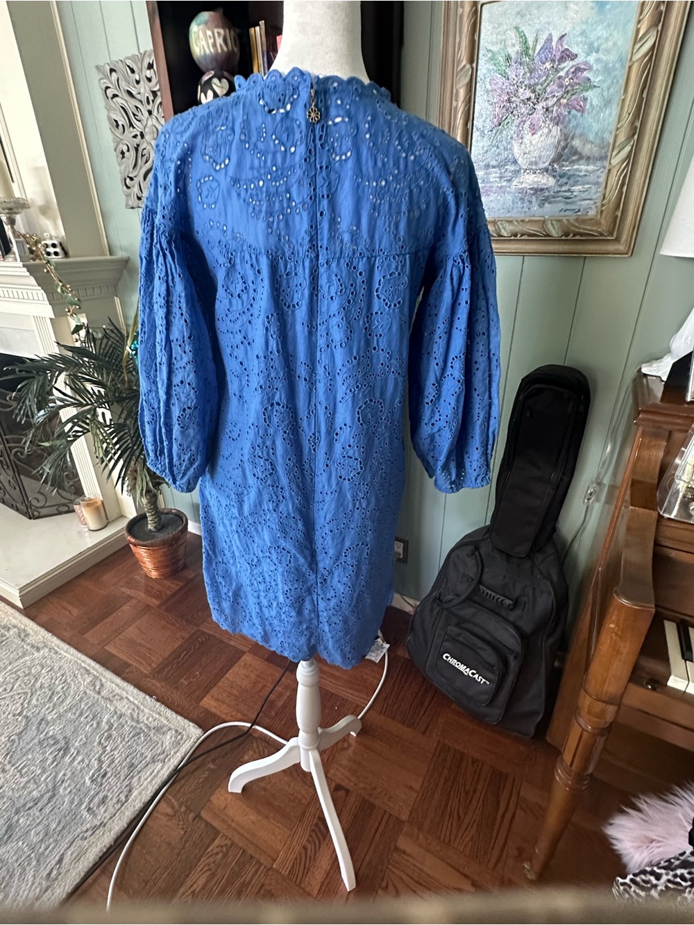 Kate Spade Floral Eyelet Puff Sleeve Dress in Sapphire Haze/Blue
 100% Cotton - Picture 3 of 5